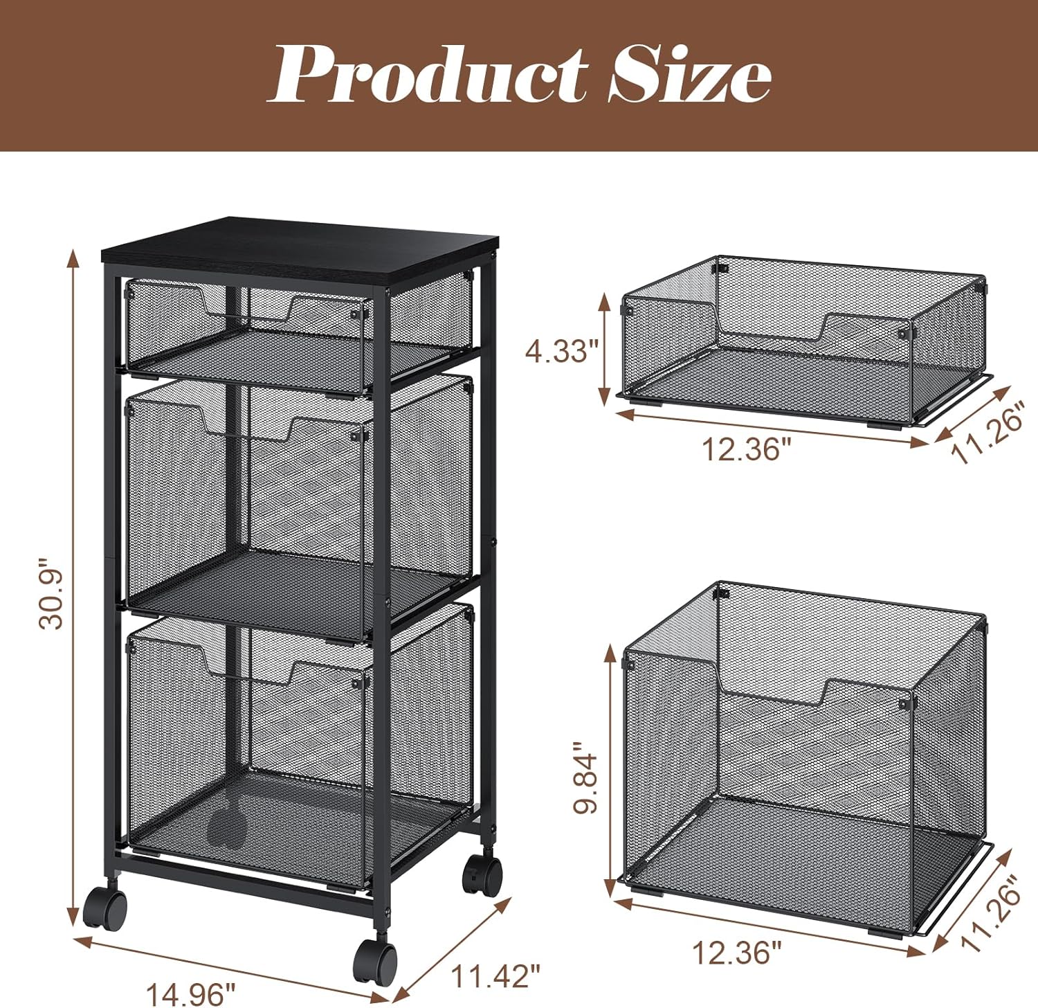 3 Drawer Mobile File Cabinet for Home Office, Rolling Filing Cabinet on Lockable Wheels, Hanging File Folders Organizer, Utility Cart Storage and Organizer, Printer Stand, Black - Image 3