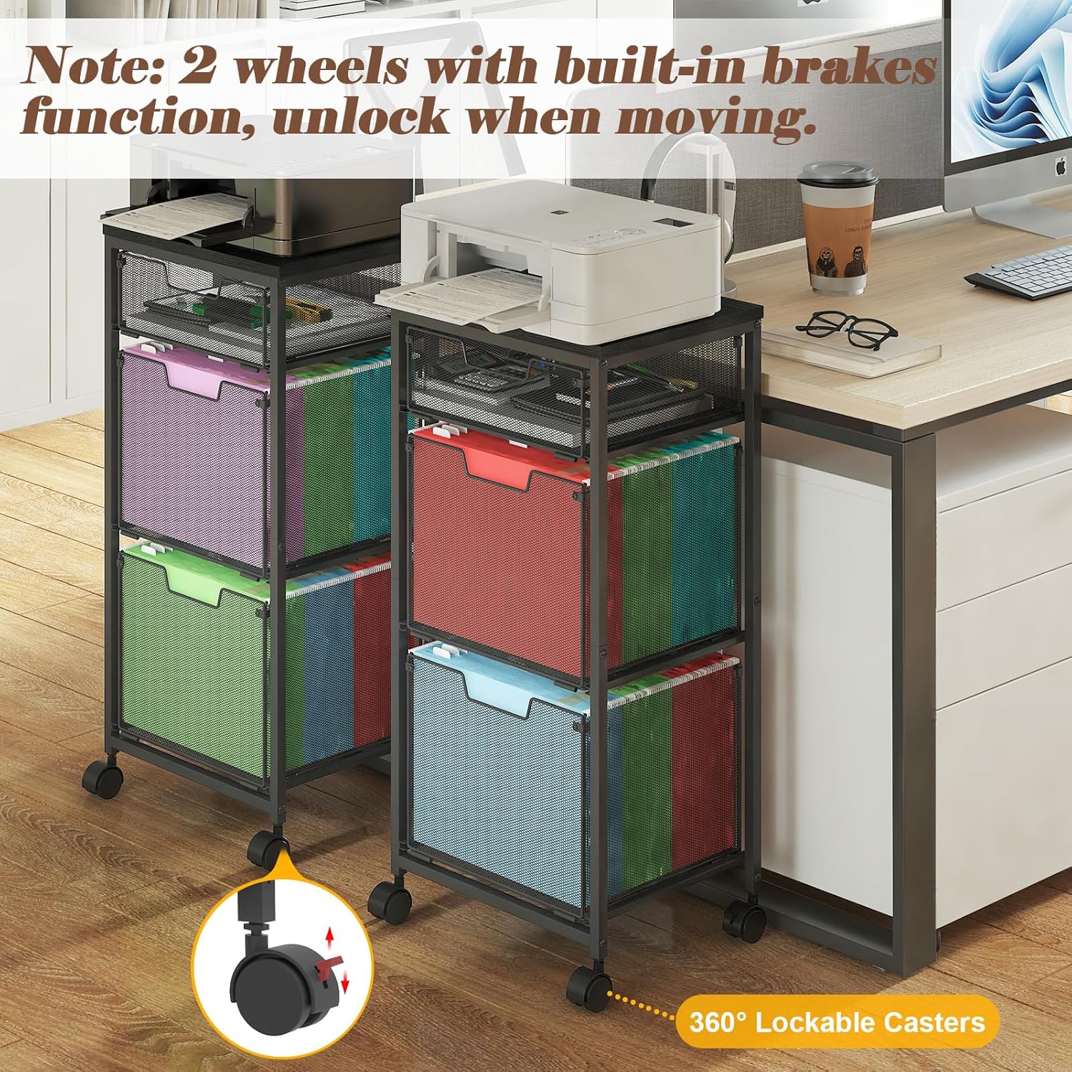 3 Drawer Mobile File Cabinet for Home Office, Rolling Filing Cabinet on Lockable Wheels, Hanging File Folders Organizer, Utility Cart Storage and Organizer, Printer Stand, Black - Image 4