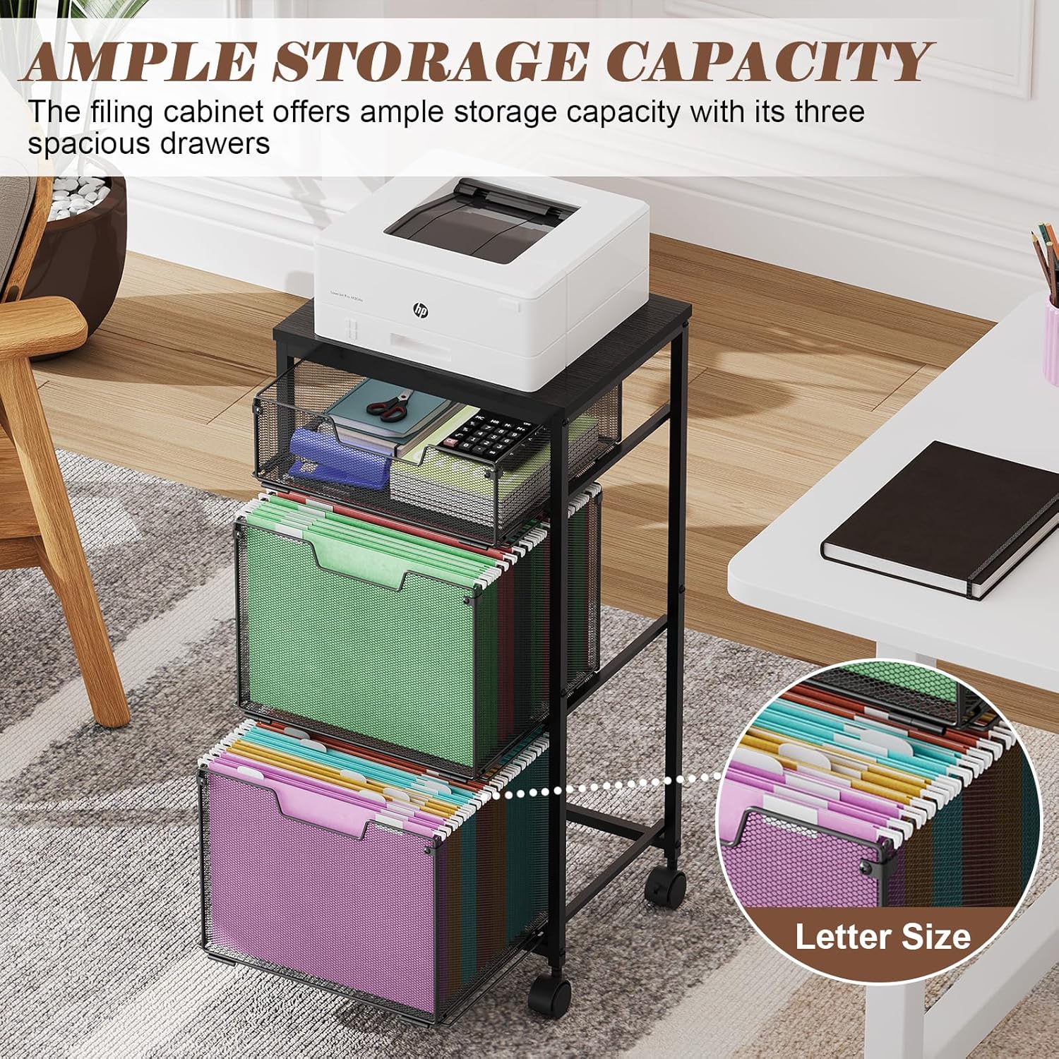 3 Drawer Mobile File Cabinet for Home Office, Rolling Filing Cabinet on Lockable Wheels, Hanging File Folders Organizer, Utility Cart Storage and Organizer, Printer Stand, Black - Image 5