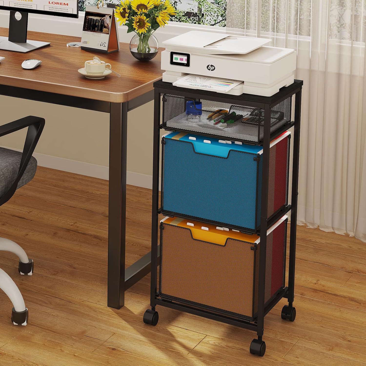 3 Drawer Mobile File Cabinet for Home Office, Rolling Filing Cabinet on Lockable Wheels, Hanging File Folders Organizer, Utility Cart Storage and Organizer, Printer Stand, Black - Image 6