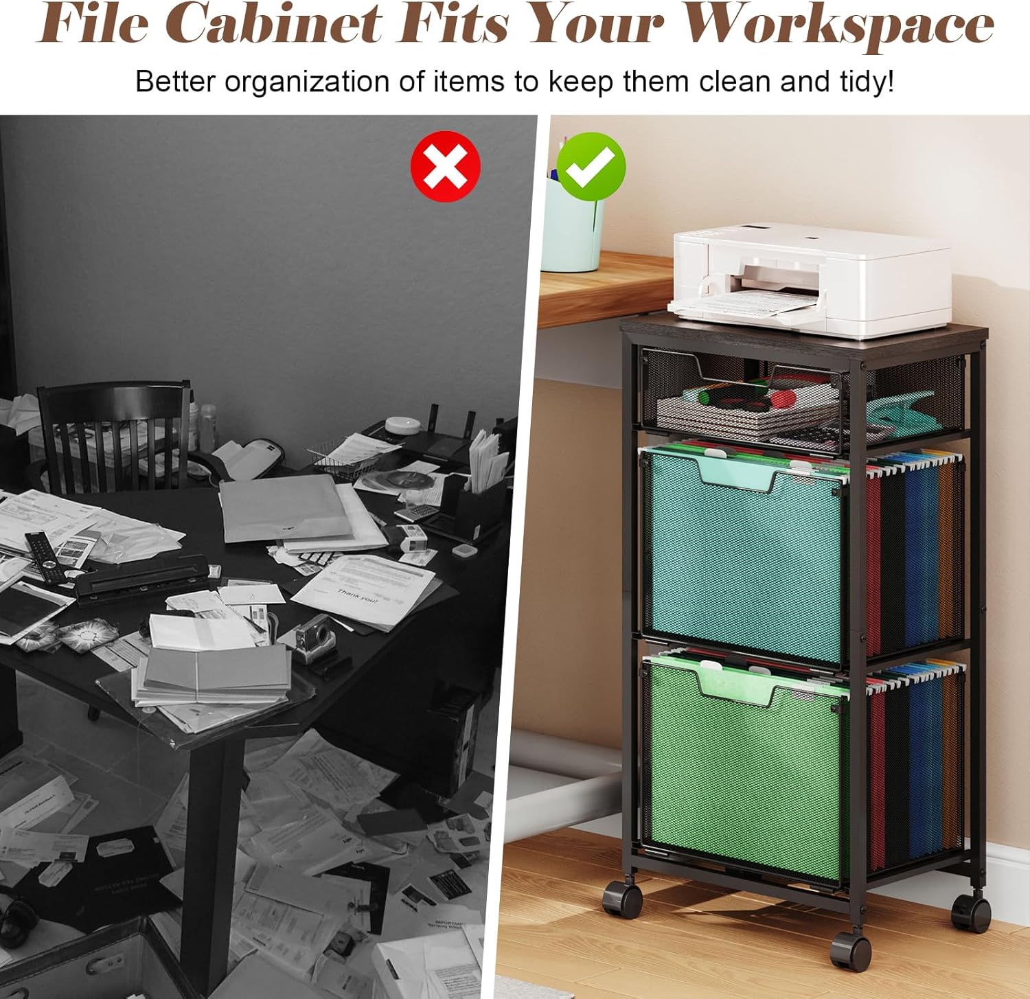 3 Drawer Mobile File Cabinet for Home Office, Rolling Filing Cabinet on Lockable Wheels, Hanging File Folders Organizer, Utility Cart Storage and Organizer, Printer Stand, Black - Image 7