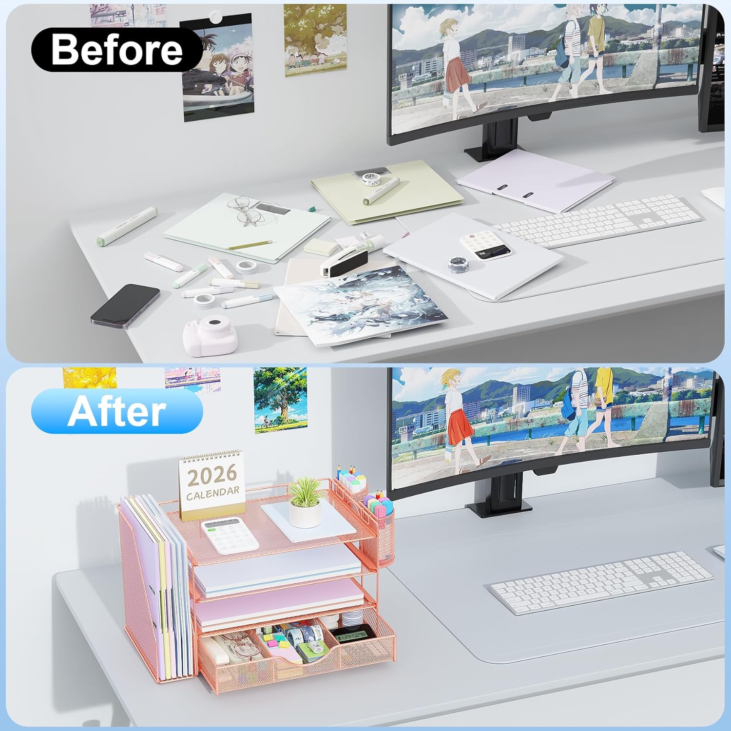 gianotter Desk Organizers and Accessories with File Holder, 4-Tier Desk Accessories & Workspace Organizers with Drawer and 2 Pen Holder, Paper Organizer for Office Supplies (Rose Gold) - Image 2