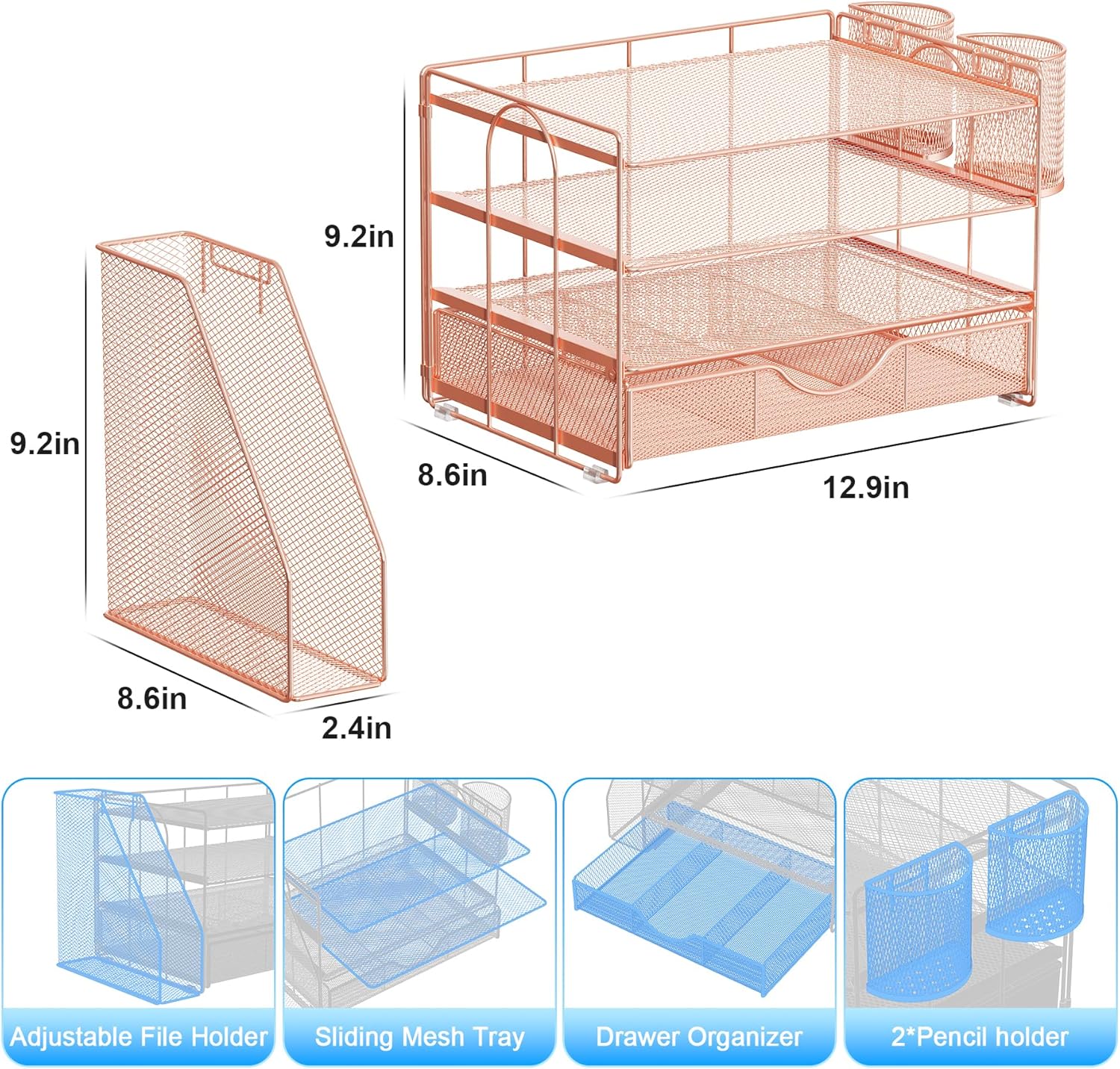 gianotter Desk Organizers and Accessories with File Holder, 4-Tier Desk Accessories & Workspace Organizers with Drawer and 2 Pen Holder, Paper Organizer for Office Supplies (Rose Gold) - Image 5