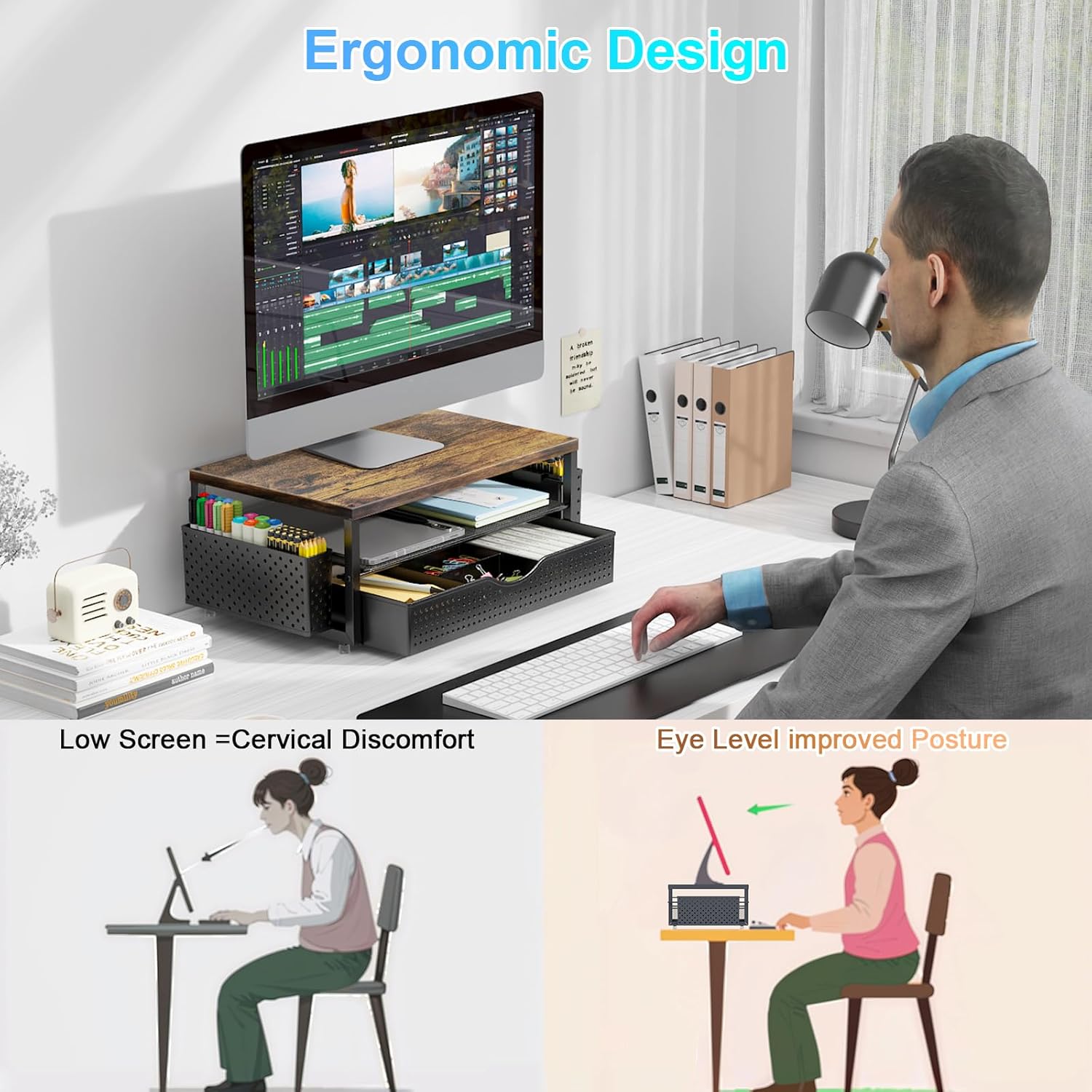 gianotter Wood Monitor Stand Riser, Office Desk Shelf Organizer, Desk Organizer with Drawer and Pen Holder, 2-Tier Computer Stand, Office Organization (Wood) - Image 2