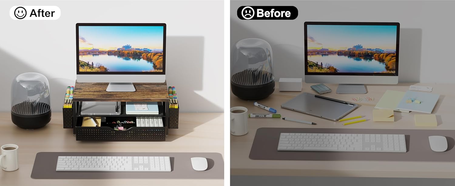 gianotter Wood Monitor Stand Riser, Office Desk Shelf Organizer, Desk Organizer with Drawer and Pen Holder, 2-Tier Computer Stand, Office Organization (Wood) - Image 3