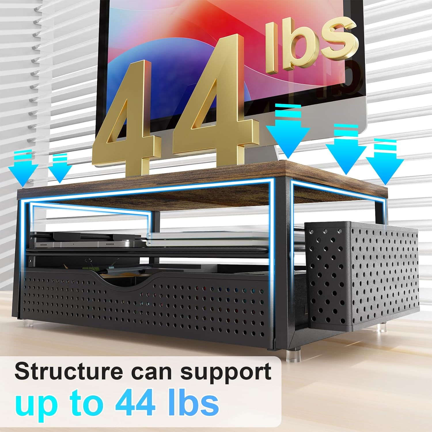 gianotter Wood Monitor Stand Riser, Office Desk Shelf Organizer, Desk Organizer with Drawer and Pen Holder, 2-Tier Computer Stand, Office Organization (Wood) - Image 6