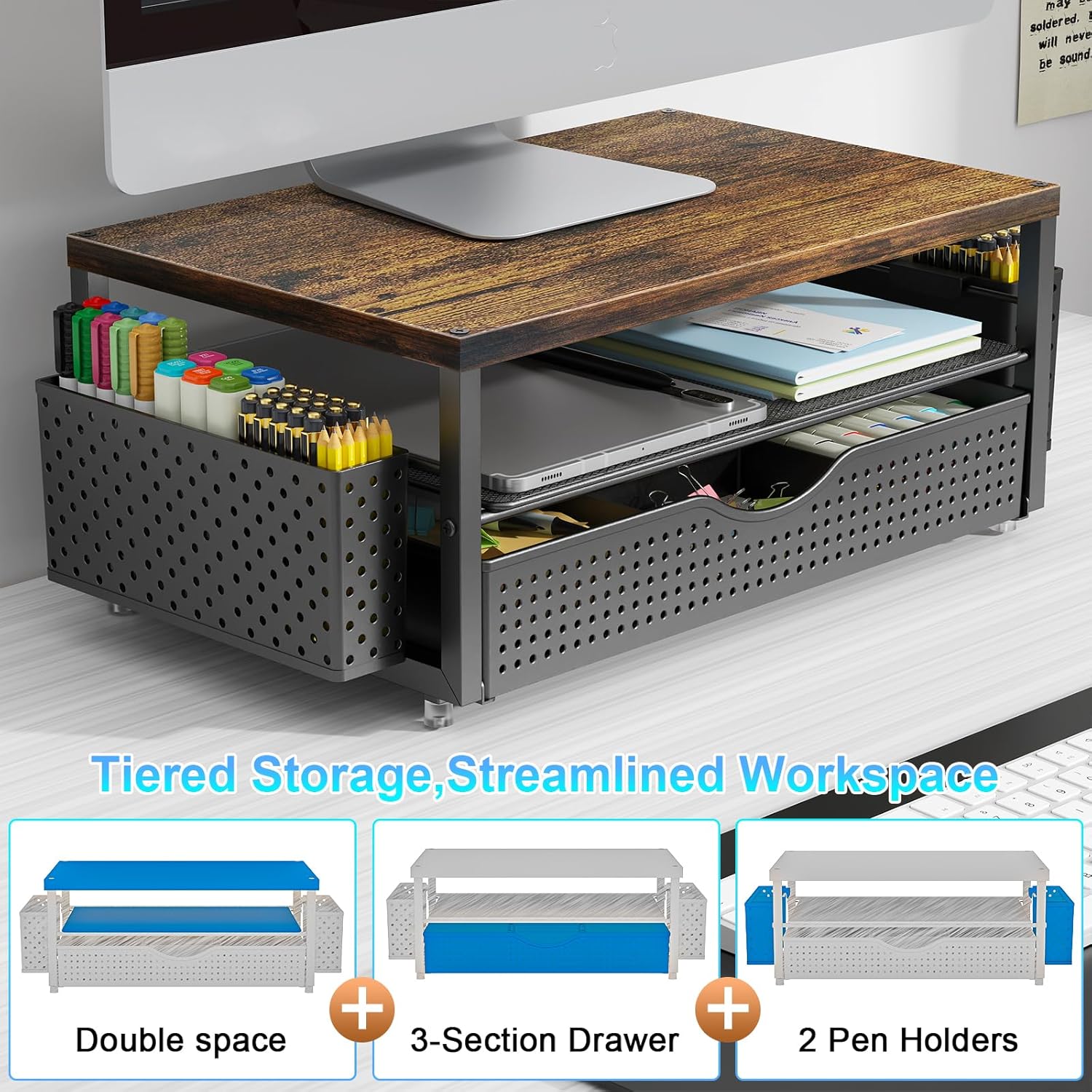 gianotter Wood Monitor Stand Riser, Office Desk Shelf Organizer, Desk Organizer with Drawer and Pen Holder, 2-Tier Computer Stand, Office Organization (Wood) - Image 7