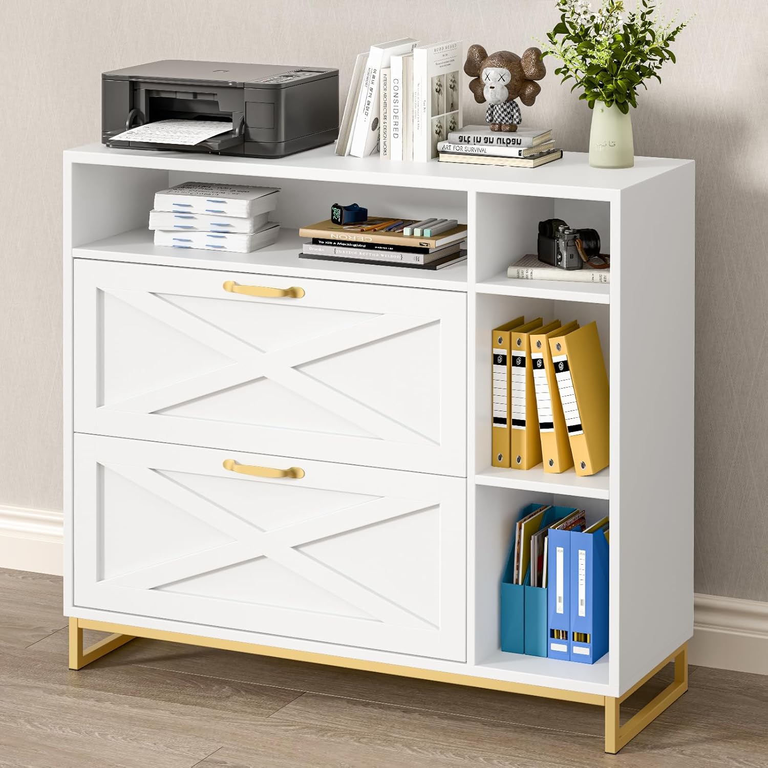 Lateral File Cabinet with 2 Drawers and Open Space, Modern Farmhouse File Cabinet for Legal/A4/Letter Size Hanging Files, Large Wood File Storage Cabinets White Printer Stand for Home Office