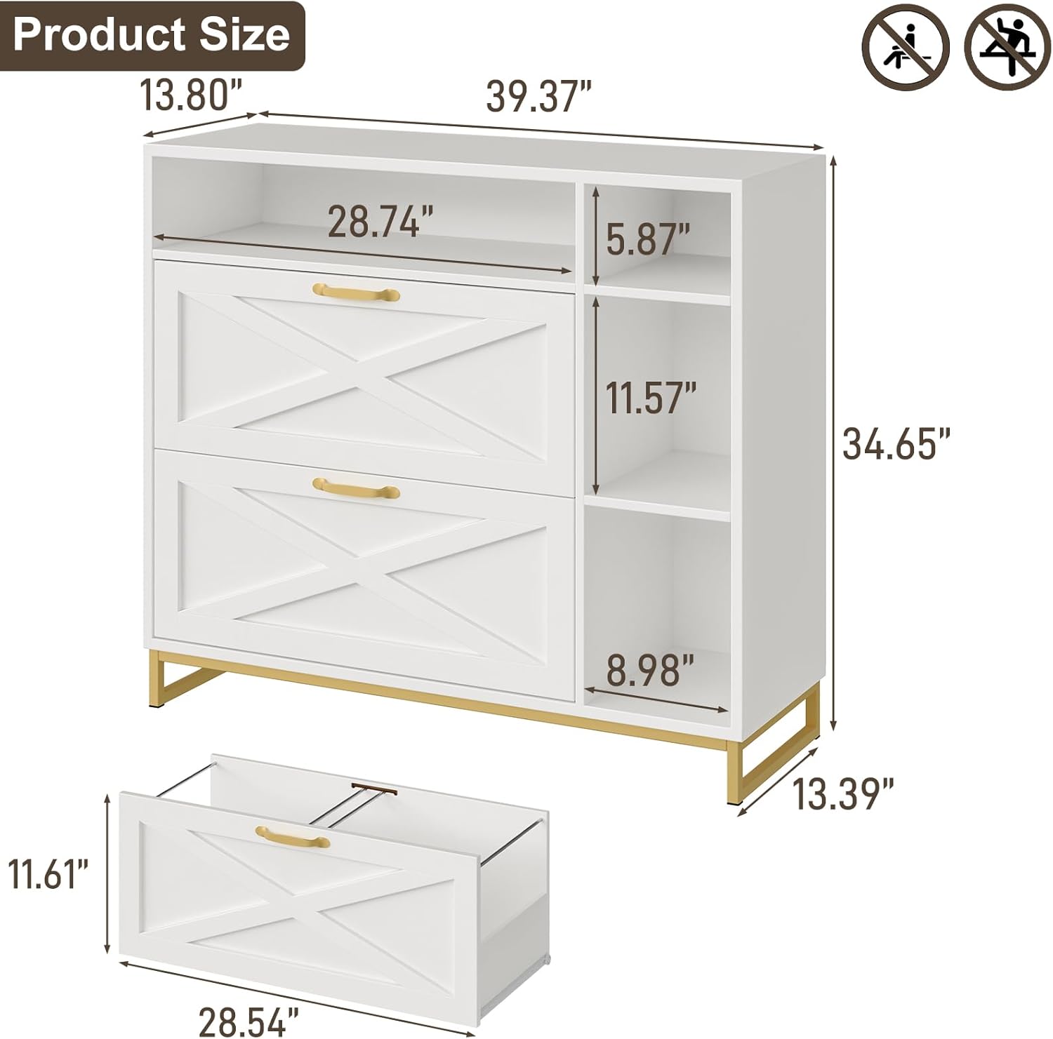 Lateral File Cabinet with 2 Drawers and Open Space, Modern Farmhouse File Cabinet for Legal/A4/Letter Size Hanging Files, Large Wood File Storage Cabinets White Printer Stand for Home Office - Image 2