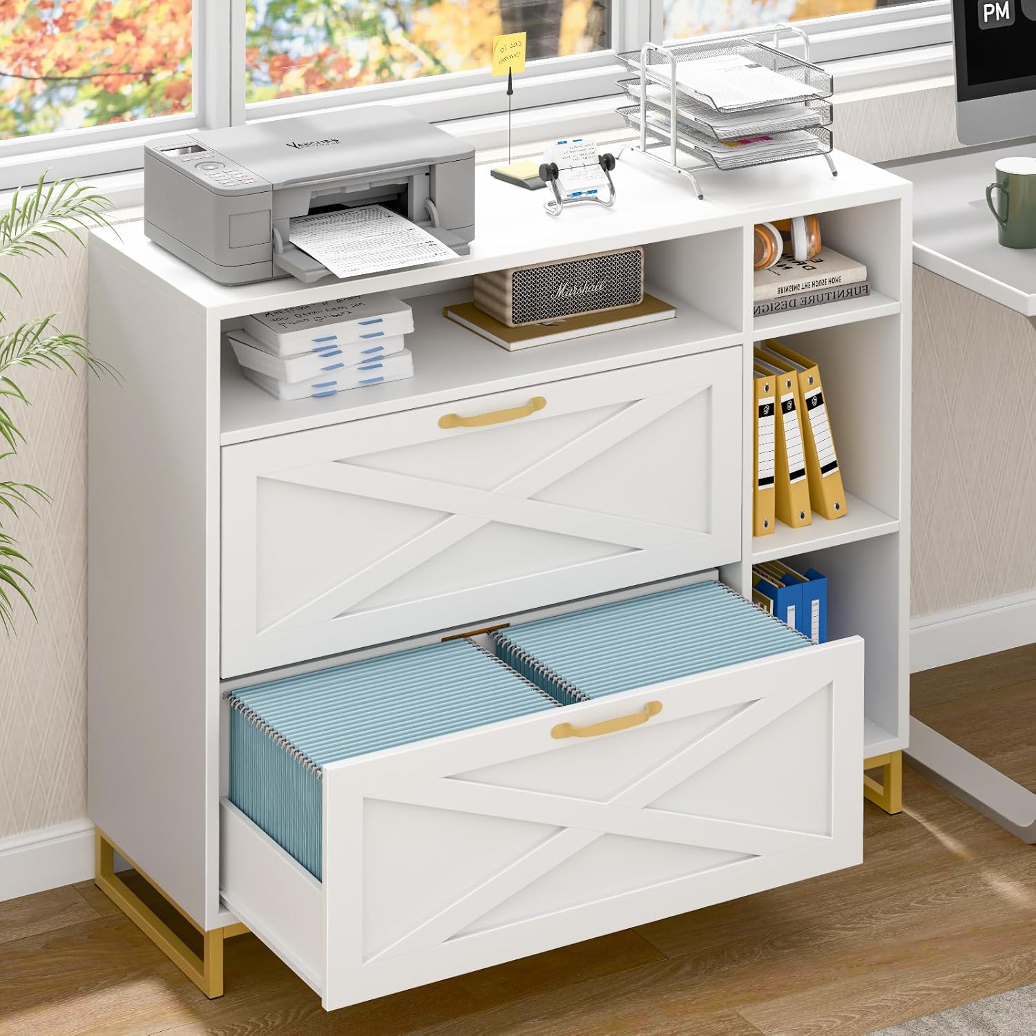 Lateral File Cabinet with 2 Drawers and Open Space, Modern Farmhouse File Cabinet for Legal/A4/Letter Size Hanging Files, Large Wood File Storage Cabinets White Printer Stand for Home Office - Image 3