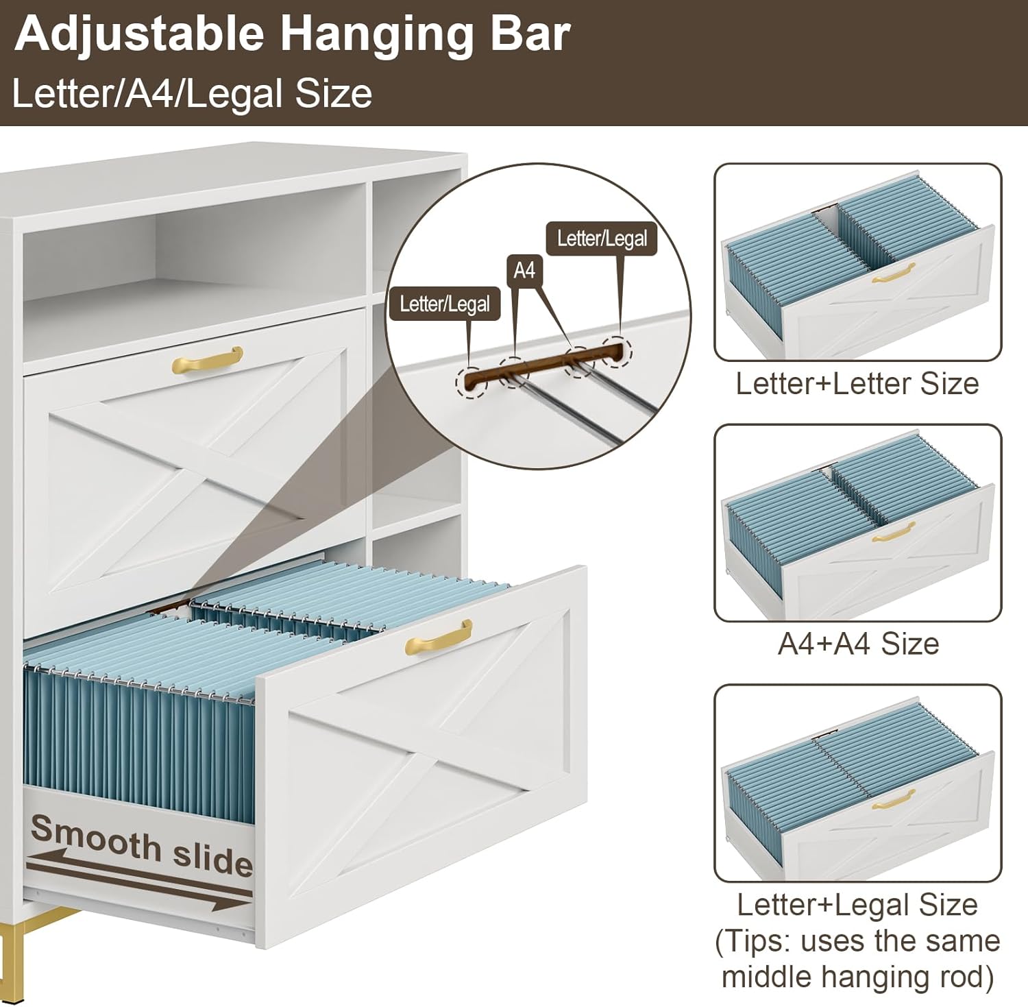 Lateral File Cabinet with 2 Drawers and Open Space, Modern Farmhouse File Cabinet for Legal/A4/Letter Size Hanging Files, Large Wood File Storage Cabinets White Printer Stand for Home Office - Image 4