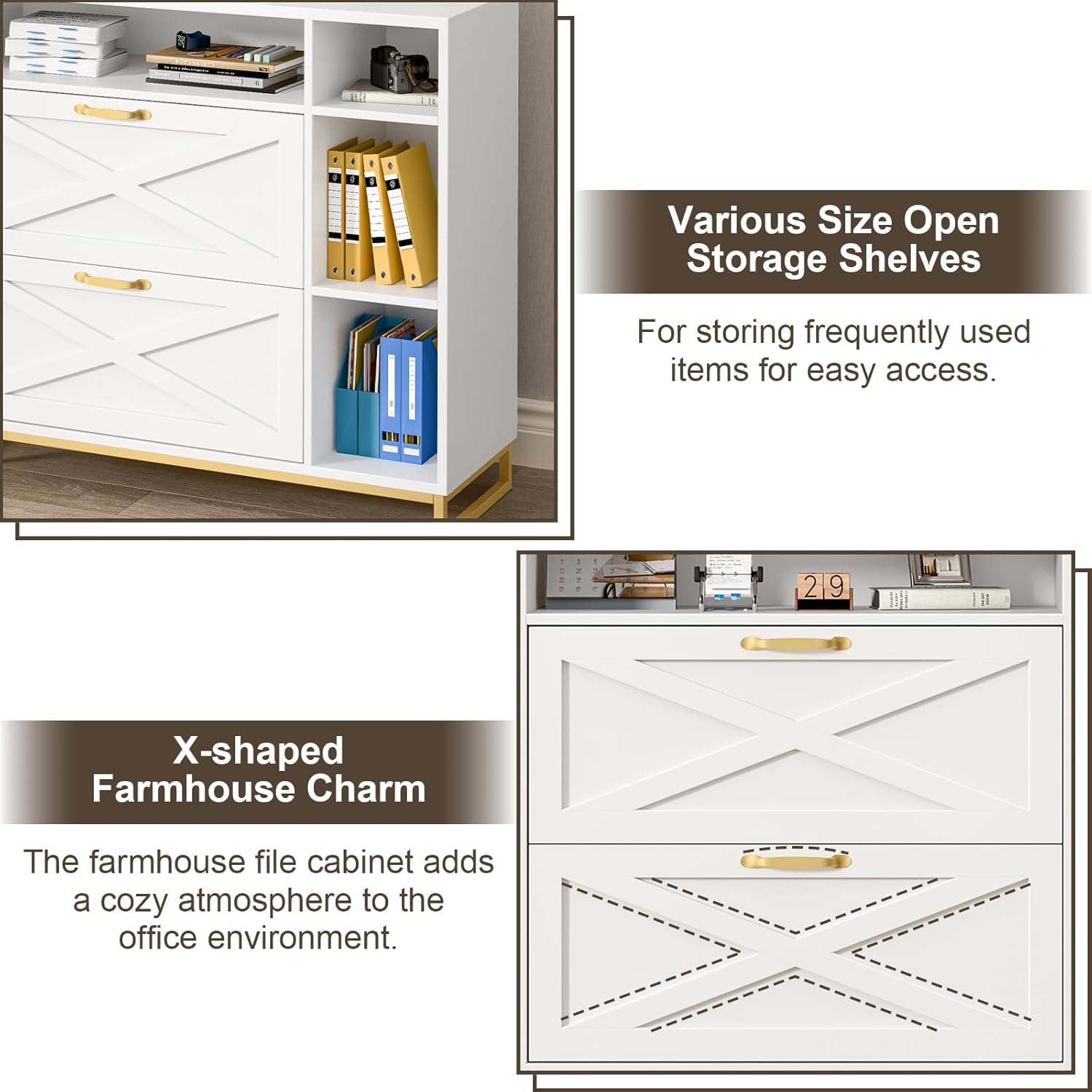 Lateral File Cabinet with 2 Drawers and Open Space, Modern Farmhouse File Cabinet for Legal/A4/Letter Size Hanging Files, Large Wood File Storage Cabinets White Printer Stand for Home Office - Image 5