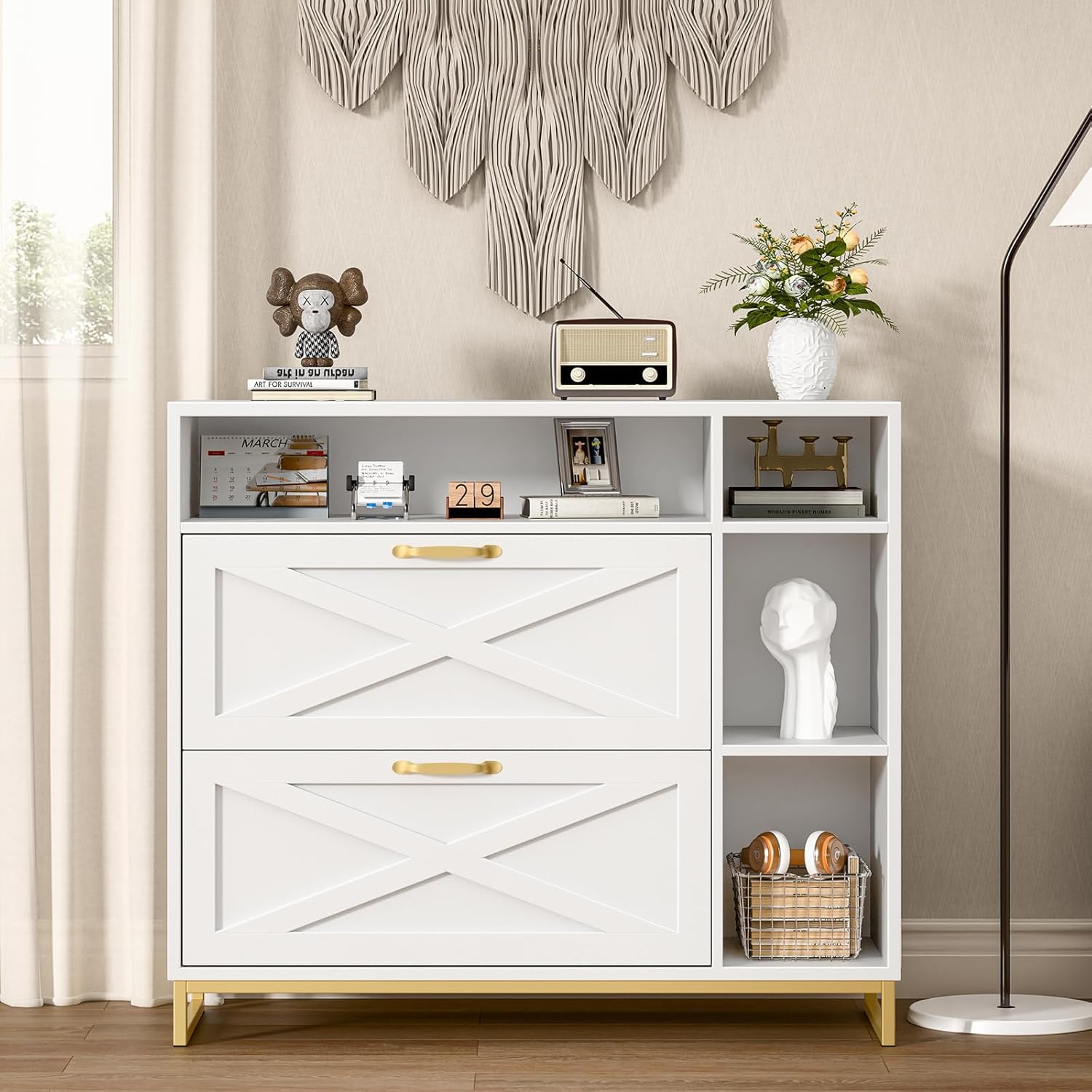 Lateral File Cabinet with 2 Drawers and Open Space, Modern Farmhouse File Cabinet for Legal/A4/Letter Size Hanging Files, Large Wood File Storage Cabinets White Printer Stand for Home Office - Image 6