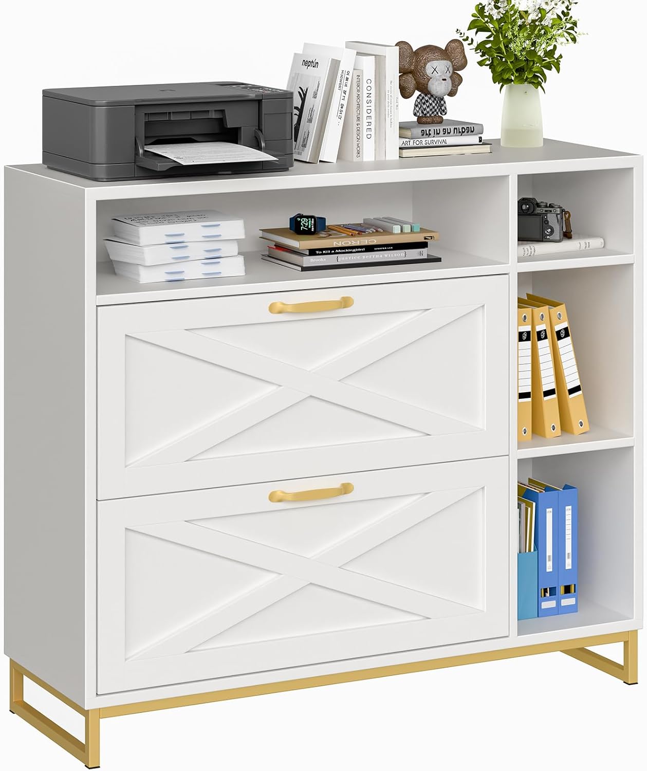Lateral File Cabinet with 2 Drawers and Open Space, Modern Farmhouse File Cabinet for Legal/A4/Letter Size Hanging Files, Large Wood File Storage Cabinets White Printer Stand for Home Office - Image 7