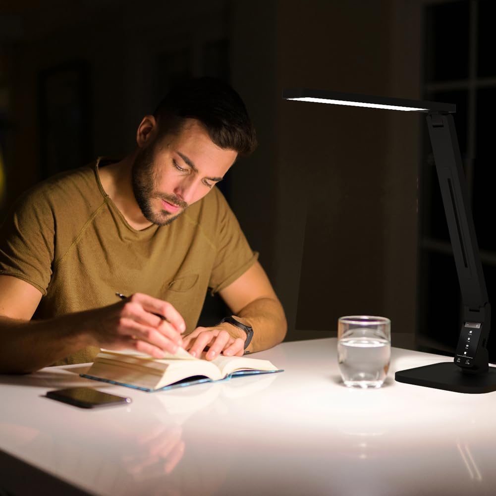 MAGIC LEAVES Desk Lamp, LED Dimmable Reading Light with Adjustable Lighting 5 Brightness Levels, 4 Light Colors and USB Charging Port Table Lamp (Piano Black) - Image 6