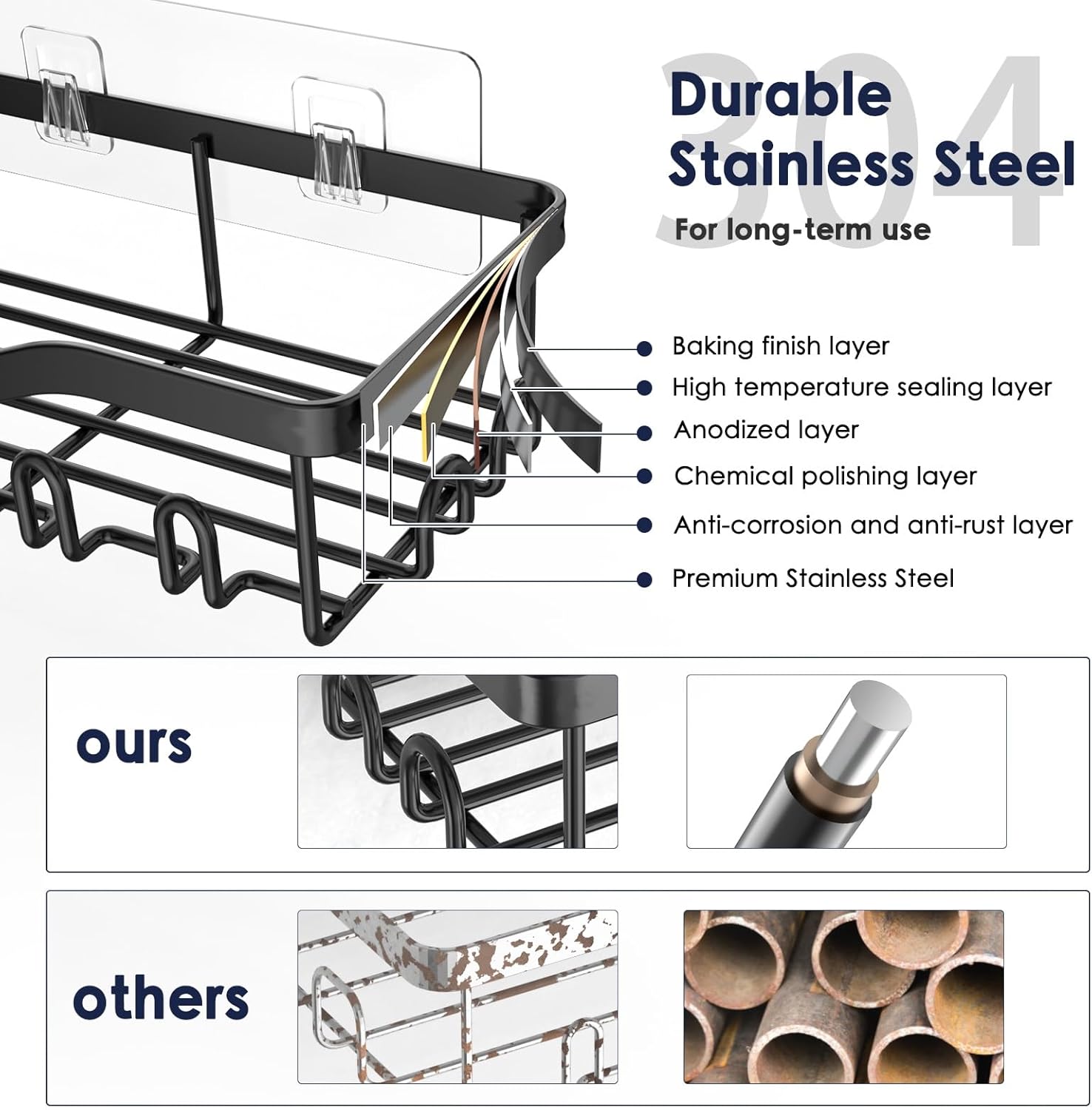 Shower Caddy Adhesive Shower Organizer 7-Pack, Rustproof Stainless Steel Bathroom Shelves, Large Capacity No-Drill Rack Storage Accessories with Soap Dish Toothbrush Holder &24 Hooks Home Decor - Image 3