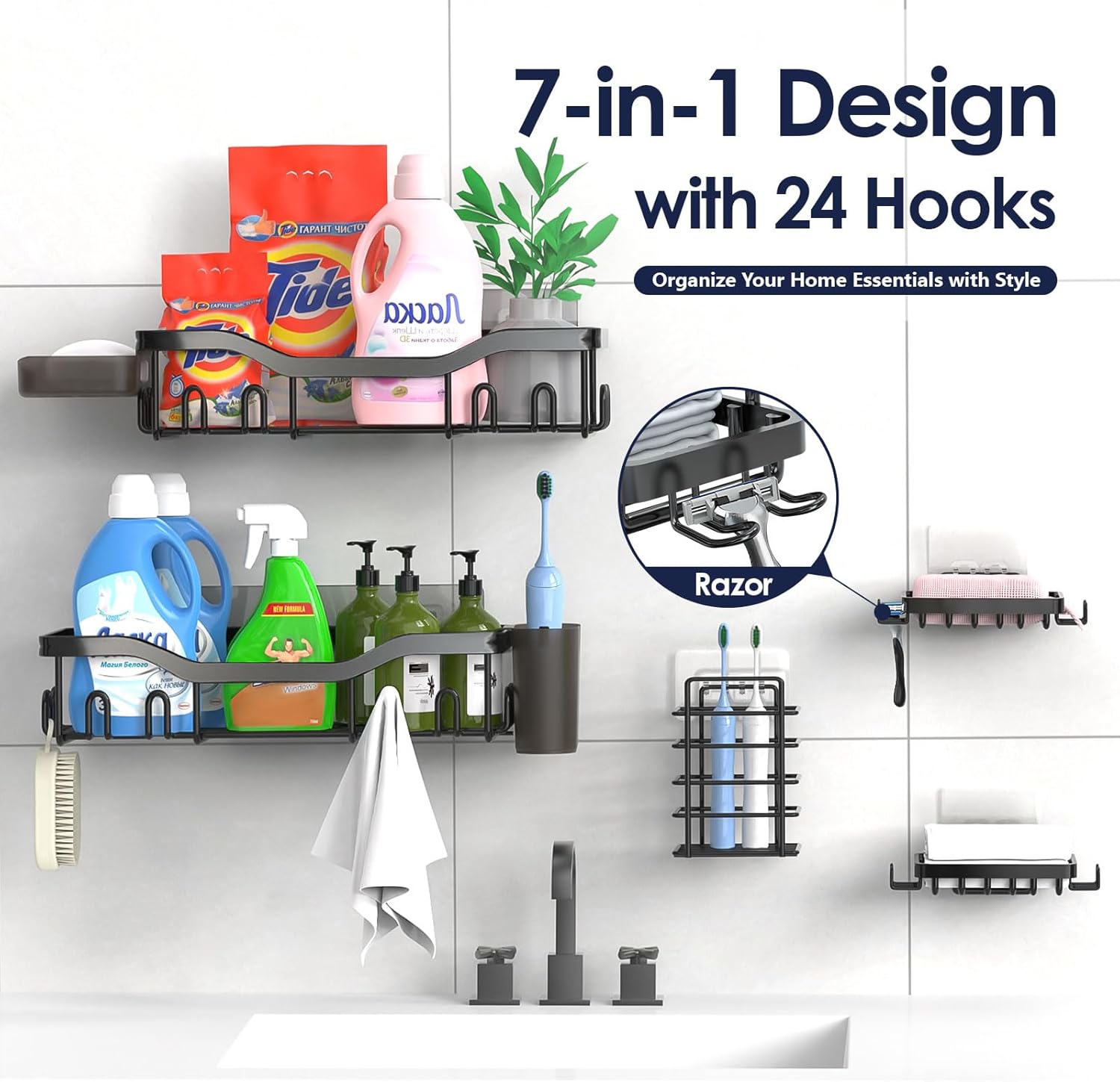 Shower Caddy Adhesive Shower Organizer 7-Pack, Rustproof Stainless Steel Bathroom Shelves, Large Capacity No-Drill Rack Storage Accessories with Soap Dish Toothbrush Holder &24 Hooks Home Decor - Image 4