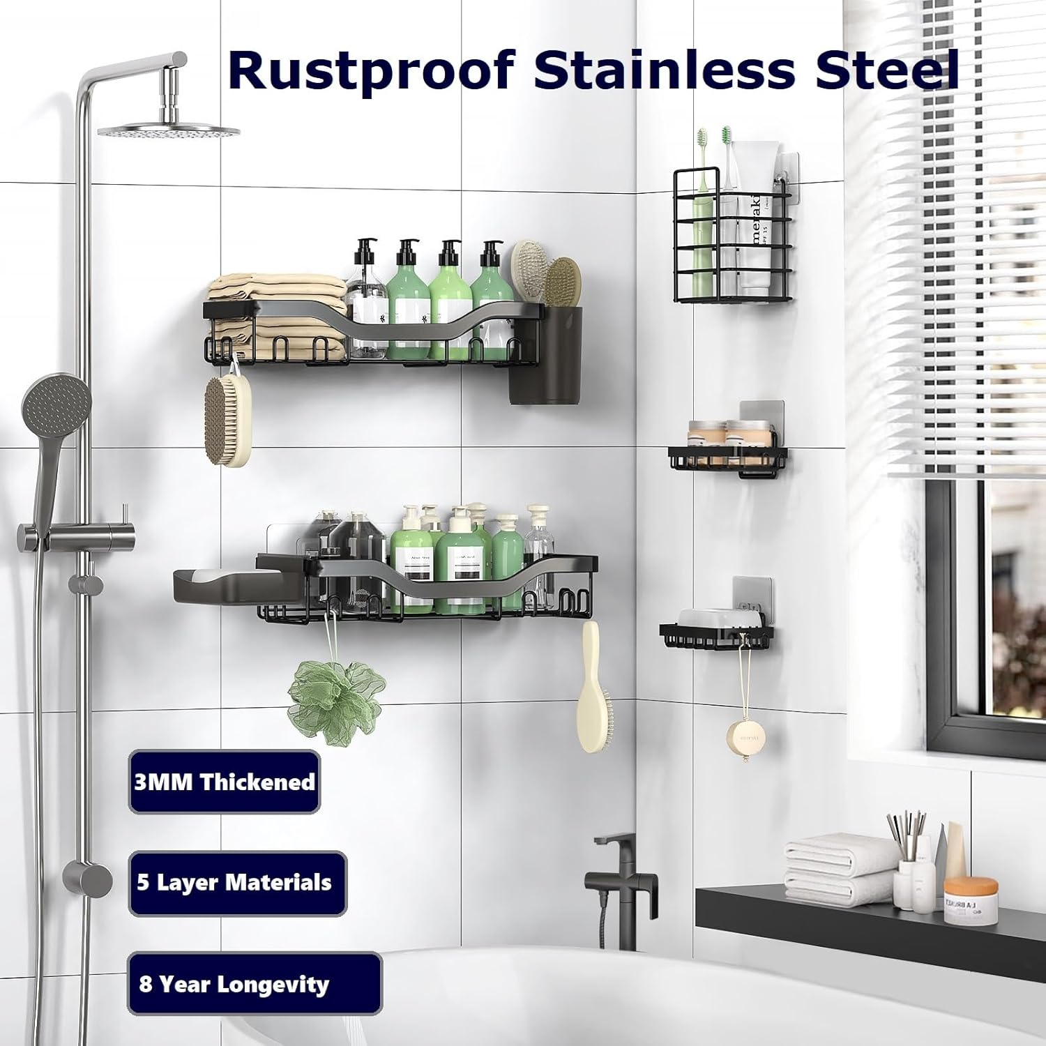 Shower Caddy Adhesive Shower Organizer 7-Pack, Rustproof Stainless Steel Bathroom Shelves, Large Capacity No-Drill Rack Storage Accessories with Soap Dish Toothbrush Holder &24 Hooks Home Decor - Image 5