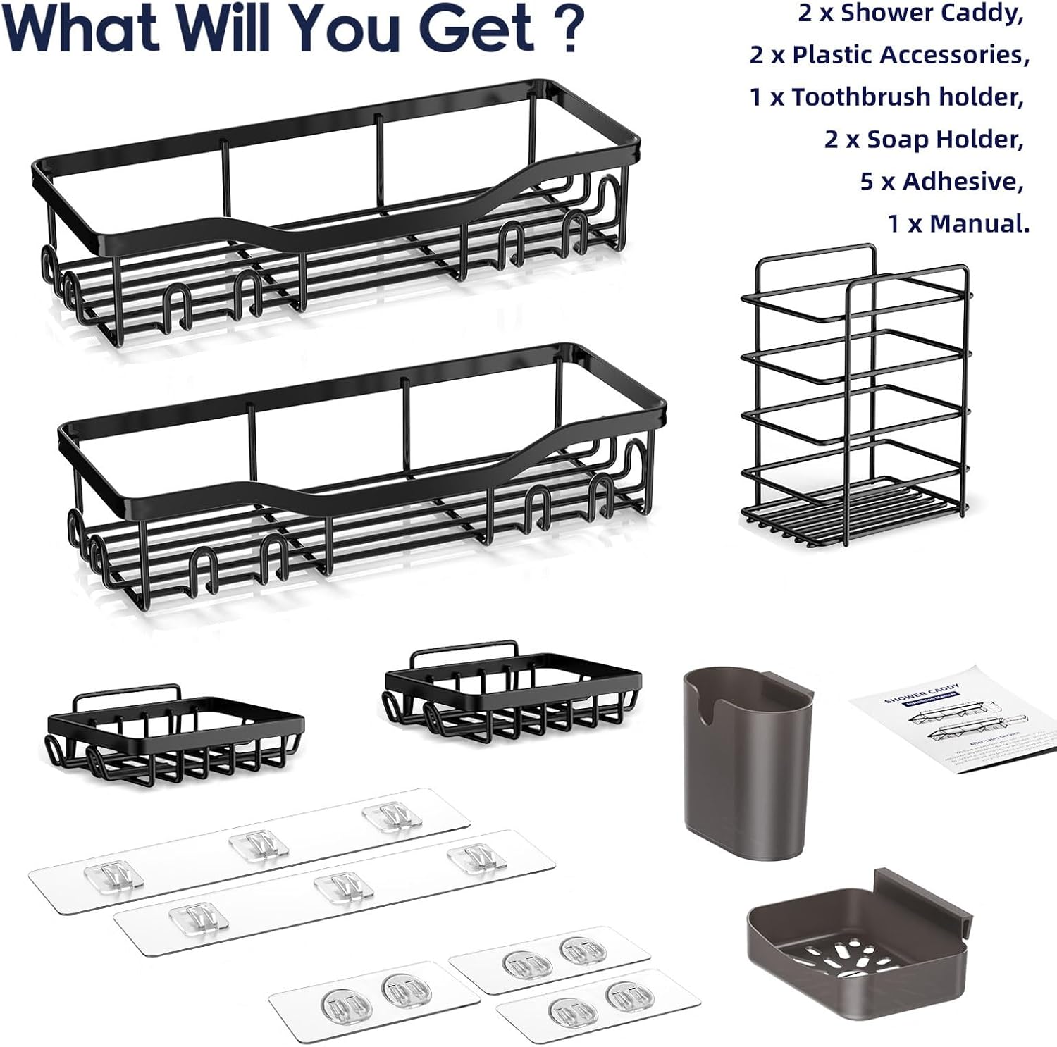 Shower Caddy Adhesive Shower Organizer 7-Pack, Rustproof Stainless Steel Bathroom Shelves, Large Capacity No-Drill Rack Storage Accessories with Soap Dish Toothbrush Holder &24 Hooks Home Decor - Image 7